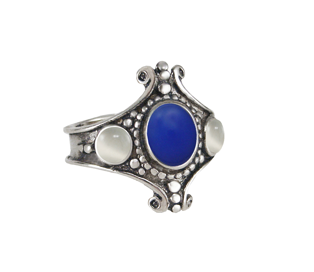 Sterling Silver Imperial Ring With Blue Onyx And White Moonstone Size 11